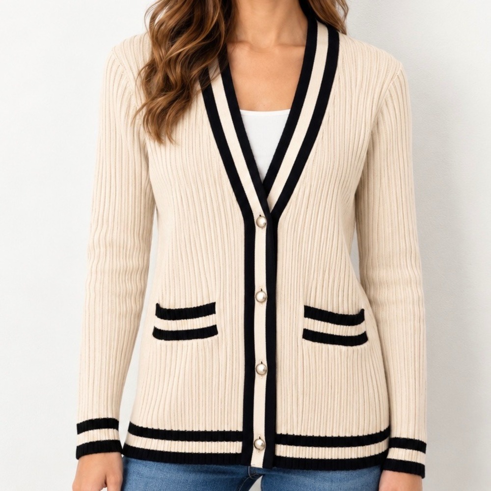 Cabi Varsity Cardigan 5458 Cream Navy Ribbed Knit V-Neck Sweater Small